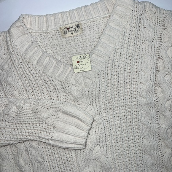 Poof Apparel Sweaters - Proof Apparel‎ Chunky Cable Knit Ivory Sweater V-neck Women's Size Medium-New
